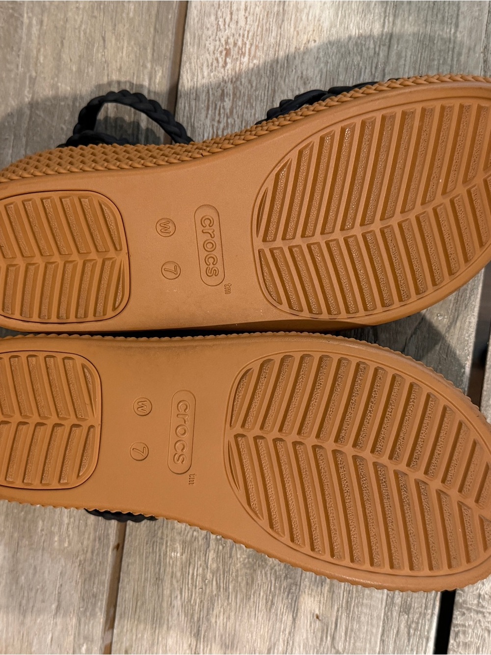 CROCS Women's Black Braided Strap Sandals with Tan Footbed - Picture 3 of 3